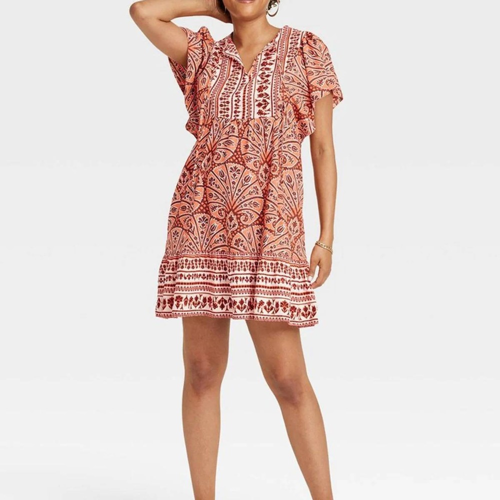 221 Knox Rose Womens Boho Tiered Mini Dress (1X, Orange/White, NWT)